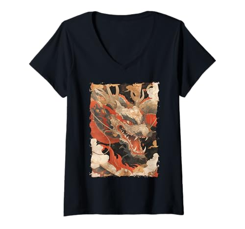 Damen Yokai-Legende Japanischer Drachen-Tattoo-Mythos T-Shirt mit V-Ausschnitt Damen Yokai-Legende Japanischer Drachen-Tattoo-Mythos T-Shirt mit V-Ausschnitt von Orientalischer Tintenstil Geschenk Oni