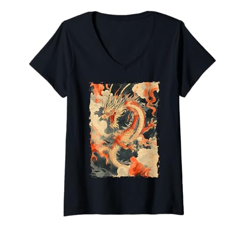 Damen Yokai-Legende Japanischer Drachen-Tattoo-Mythos T-Shirt mit V-Ausschnitt Damen Yokai-Legende Japanischer Drachen-Tattoo-Mythos T-Shirt mit V-Ausschnitt von Orientalischer Tintenstil Geschenk Oni