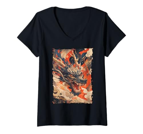 Damen Yokai-Legende Japanischer Drachen-Tattoo-Mythos T-Shirt mit V-Ausschnitt Damen Yokai-Legende Japanischer Drachen-Tattoo-Mythos T-Shirt mit V-Ausschnitt von Orientalischer Tintenstil Geschenk Oni