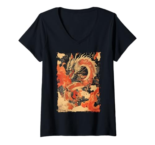 Damen Yokai-Legende Japanischer Drachen-Tattoo-Mythos T-Shirt mit V-Ausschnitt Damen Yokai-Legende Japanischer Drachen-Tattoo-Mythos T-Shirt mit V-Ausschnitt von Orientalischer Tintenstil Geschenk Oni