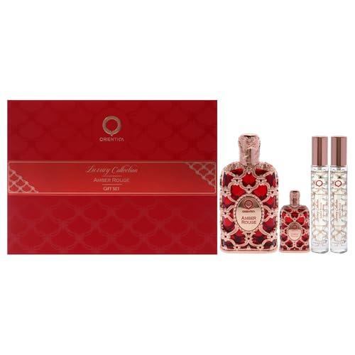 Amber Rouge by Orientica for Women – 4 Stück Geschenk-Set 2,7 oz EDP Spray, 7,5 ml EDP Spray, 2 x 10 ml EDP Spray von Orientica