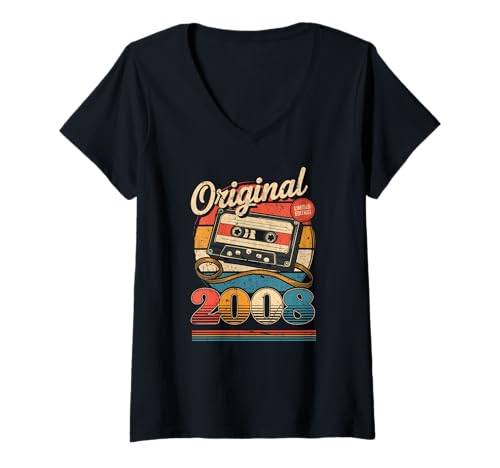Damen 17.Geburtstag Retro Vintage 2008 Mann Frau T-Shirt mit V-Ausschnitt von Original 17. Geburtstag 17 Jahre Herren Damen Deko