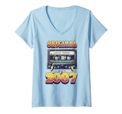 Damen 18.Geburtstag Retro Vintage 2007 Mann Frau Geschenk T-Shirt mit V-Ausschnitt von Original 18. Geburtstag 18 Jahre Herren Damen Deko
