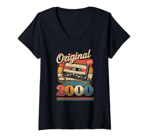 Damen 25.Geburtstag Retro Vintage 2000 Mann Frau T-Shirt mit V-Ausschnitt von Original 25. Geburtstag 25 Jahre Herren Damen Deko