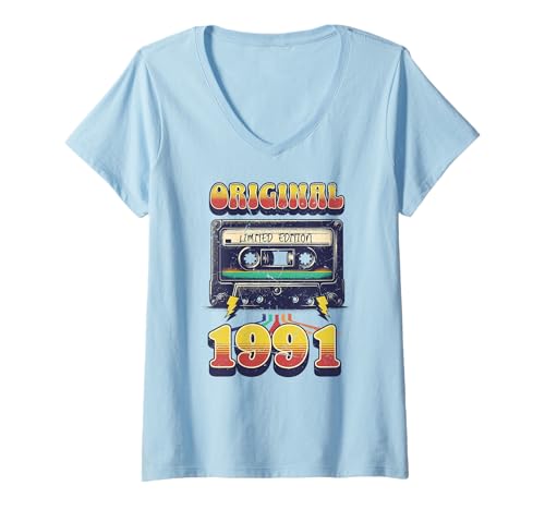 Damen 34.Geburtstag Retro Vintage 1991 Mann Frau Geschenk T-Shirt mit V-Ausschnitt von Original 34. Geburtstag 34 Jahre Herren Damen Deko