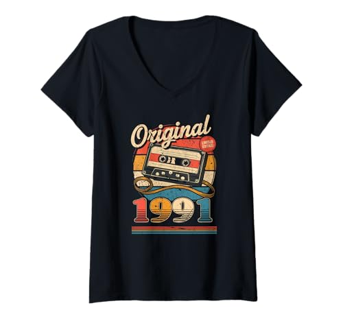 Damen 34.Geburtstag Retro Vintage 1991 Mann Frau T-Shirt mit V-Ausschnitt von Original 34. Geburtstag 34 Jahre Herren Damen Deko