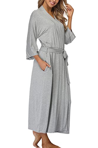 Frauen Weiche Lange Roben Modal Wrap Morgenmantel Leichte Kimonos Robe Voller Länge Strick Bademantel Mit Taschen, Hellgrau, Medium von Original Kimono