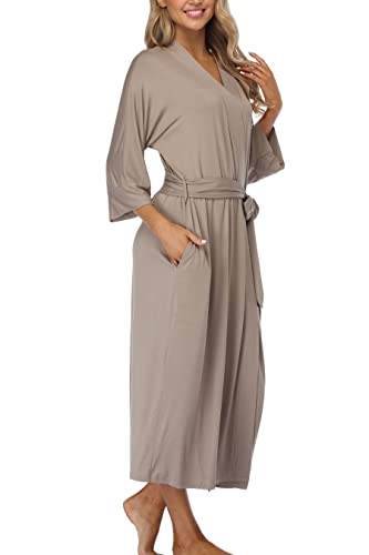 Weicher langer Kimono-Bademantel für Damen, leicht, volle Länge, Strick-Bademantel mit Taschen, lässiger Damen-Bademantel, Khaki, Small von Original Kimono