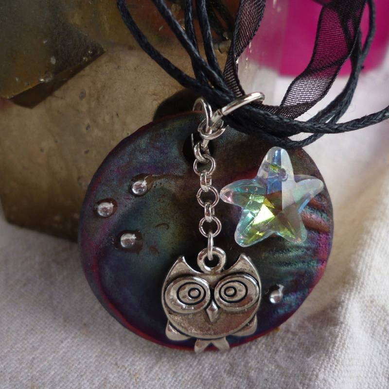 Keramik Halskette Handwerk "Twilight" Raku Charme Eule Strass Und Etile in Swarovski Crystal Keramik Halskette Handwerk "Twilight" Raku Charme Eule Strass Und Etile in Swarovski Crystal von Originelstore