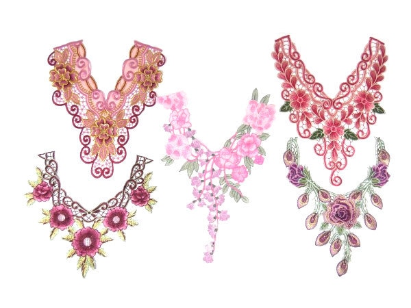 1 Große Kragen-Applikation, Rosa-Grüne Venedig-Spitze-Applikation, Blumen-Applikation, Hochzeitskleid-Applikation, Ball-Applikation von OrinsTreasureChest