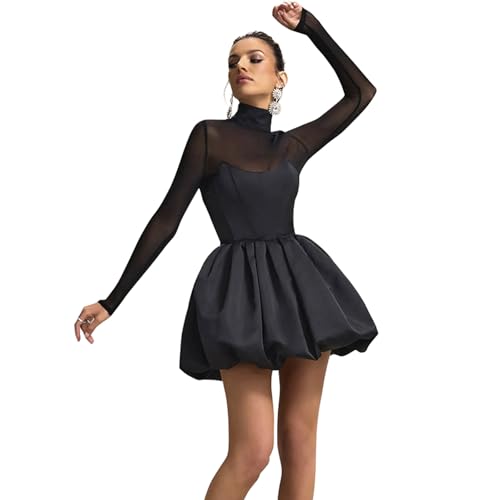Orinyou Damen Mesh Bubble Minikleid Langarm Mesh Flauschiges Kleid Kurz Formelles Kleid, Schwarz, Groß von Orinyou