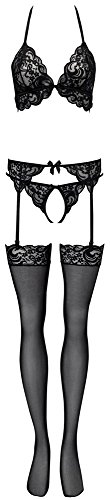 Orion Dessous-Set - sexy Strapsset mit BH, ouvert String, Strapsgürtel und Strümpfen, erotisches Reizwäsche-Set perfekt zum Verführen, Schwarz, (L/XL) von Orion