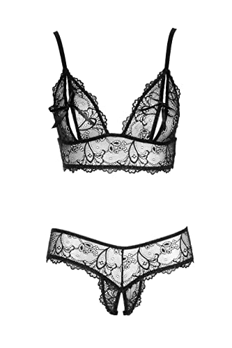 Orion Dessous-Set - verführerisches Spitzenwäsche-Set für Frauen, mit erotischem BH und String, in transparenter Spitzen-Optik und Cut-Outs, schwarz (L) von Orion