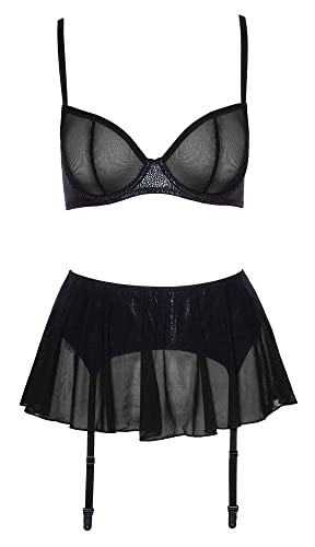 Orion BH-Strapsset - 3-teiliges Reizwäsche-Set für Frauen, in transparenter Netz-Optik, mit ausgestelltem Rock, Bügel-BH und knappen String, schwarz (80B/M) von Orion