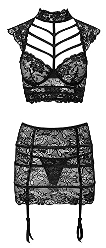 Orion BH und Rock Set - 3-teiliges Dessous-Set für Frauen, mit elegantem BH, String und Strapsrock, aus transparenten Spitzen-Details, schwarz (80B/M) von Orion