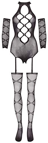 Orion Body-Set - erotisches Dessous-Set, semi-transparent, mit Cut-Outs, Strapshaltern, Armstulpen, Strümpfen, für Damen, schwarz von Orion