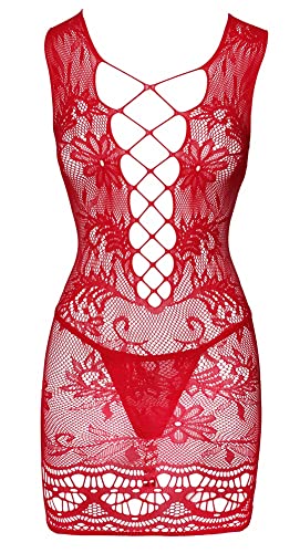 Orion Minikleid - erotisches Dessous-Set für Frauen, mit Spitzen-Kleid und knappen Rio-String, tiefem Dekolleté, dehnbar, figurbetont, ärmellos, rot von Orion