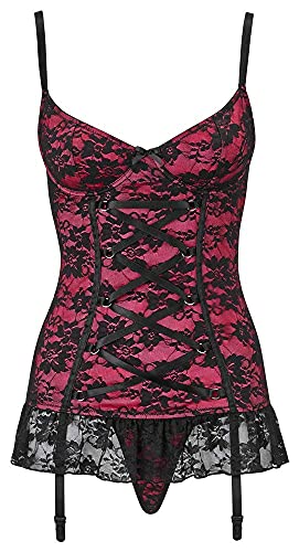 Orion Strapshemd und String - sexy Reizwäsche für Frauen, erotischer Zweiteiler mit Tanga und Strapshaltern, eng anliegend, schwarz/pink (80B/ M) von Orion