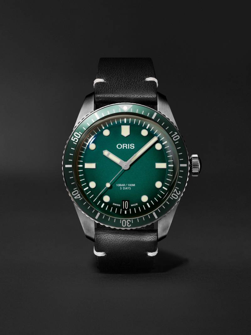 Oris - MR PORTER Divers-Sixty Five 10th Birthday Limited Edition Automatic 40mm PVD-Coated Stainless Steel and Leather Watch, Ref. No. 01 400 7772 4217-Set - Men - Green - 41 von Oris