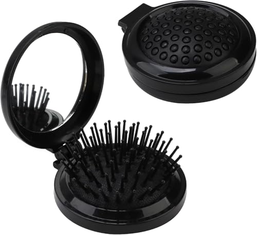 Orivin 2 Mini-Haarbürsten mit Spiegel, runde, faltbare Reisetasche, kompakter Massagekamm, Styling-Tools für Männer, Frauen und Mädchen (Schwarz) von Orivin