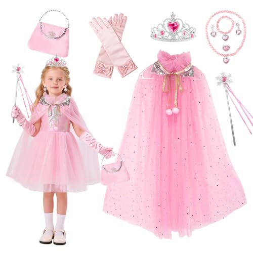 9 Stück Prinzessin Umhang Mädchen Rosa, Mädchen Prinzessin Kleid mit Krone Zauberstab Taschen Handschuhe Halsketten Armbänder Ohrringe Ringe für Halloween Weihnachten Verkleidung Karneval Cosplay von Orizizhic