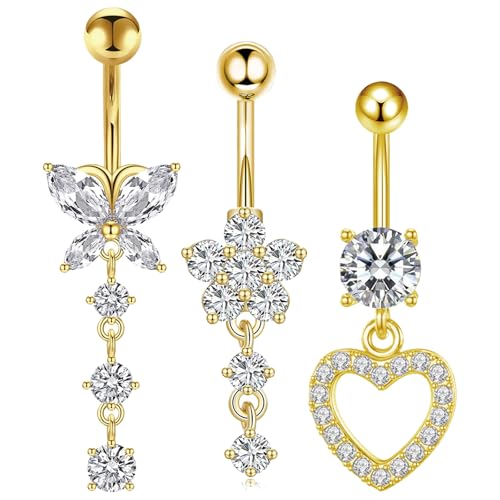 Ormromra 3 Stück Bauchnabel Ringe Chirurgenstahl Set, Gold Herz Kristallkugel Anhänger Schmetterling Lang Bauchpiercing Piercing Bauchnabel Schmuck, für Frauen Bauch Piercing Pack von Ormromra