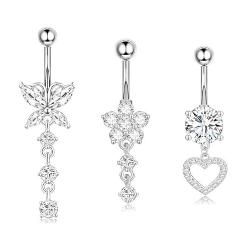 Ormromra 3 Stück Bauchnabel Ringe Chirurgenstahl Set, Silber Herz Kristallkugel Anhänger Schmetterling Lang Bauchpiercing Piercing Bauchnabel Schmuck, für Frauen Bauch Piercing Pack von Ormromra