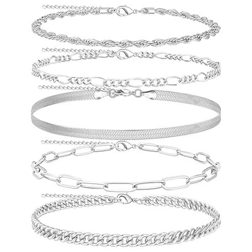 Ormromra 5 Stück Armband Damen, Edelstahl Ketten Armbänder Sets, Silber Armbänder Edelstahl Verstellbare Armkette Bracelet Set, Ketten Armbander Set Modeschmuck Für Damen Mädchen von Ormromra
