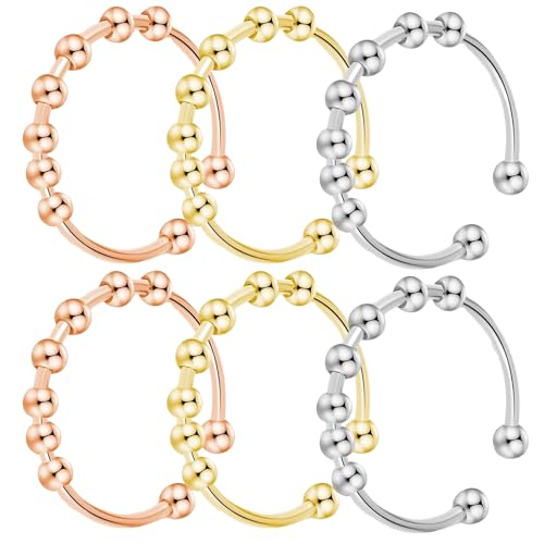 Ormromra 6 Stück Anxiety Ring, Edelstahl Anti Stress Rings, Angst Rings mit Perlen, Verstellbar Spinner Dekompressionsringe, Fidget Ring für Frauen von Ormromra