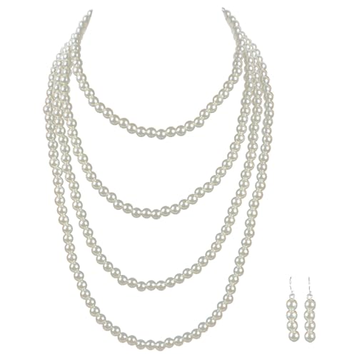 Perlen Schmuck Set für Damen, 2 Stück Perlen Set mit langen Kunststoffperlen Ohrringen 1920er Perlenkette, lange Strickjacke-Perlen-Ketten-Halskette für Party Abschlussball Hochzeit Festival von Ormromra