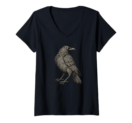 Damen Aufwendiges Rabenkrähe Gothic Vogel Ornament Kunstwerk Design T-Shirt mit V-Ausschnitt Damen Aufwendiges Rabenkrähe Gothic Vogel Ornament Kunstwerk Design T-Shirt mit V-Ausschnitt von Ornamental Birds Studio