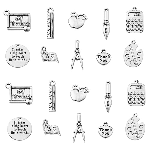 Ornazy 100 Stück 10 Stile Bastelbedarf Antik-Silber Schullehrer Charms Lineal Stift Kompass Charms für Schmuckherstellung Basteln Zubehör von Ornazy