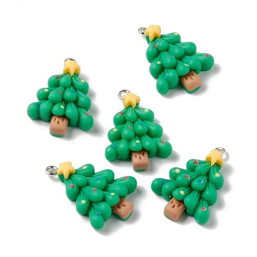 Ornazy 30 Stück blickdichte Weihnachtsbaum-Anhänger aus Kunstharz, flache Rückseite, grüner Weihnachtsbaum mit Stern-Anhänger für Schmuckherstellung, festliche Dekoration von Ornazy