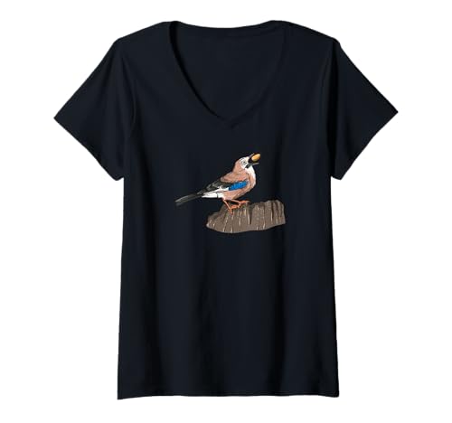 Damen Eichelhäher I Vogel Jäger Wald Motiv für Ornithologe T-Shirt mit V-Ausschnitt von Ornithologie Geschenk Vogelbeobachtung Vogelkunde