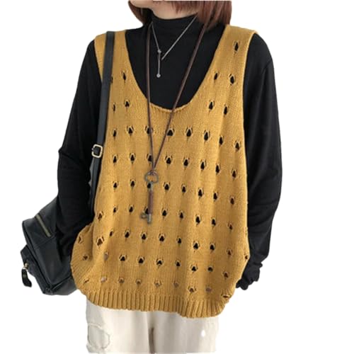 Ornrjfll Damen Retro Hollow Damen Strickweste Lose Große Größe Dünne Äußere Ärmellose Weste, gelb, 3XL von Ornrjfll