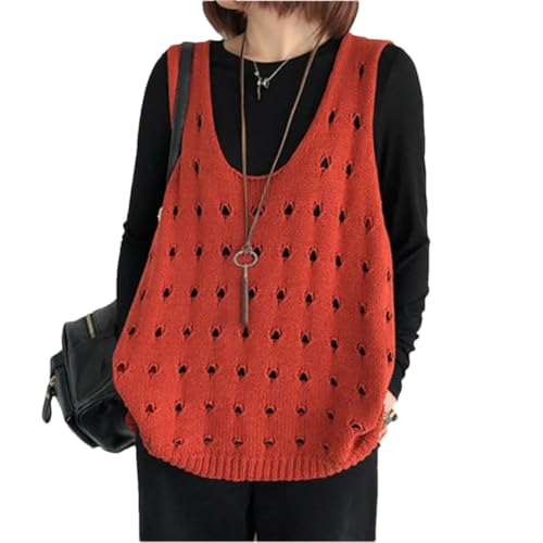 Ornrjfll Damen Retro Hollow Damen Strickweste Lose Große Größe Dünne Äußere Ärmellose Weste, rot, 3XL von Ornrjfll