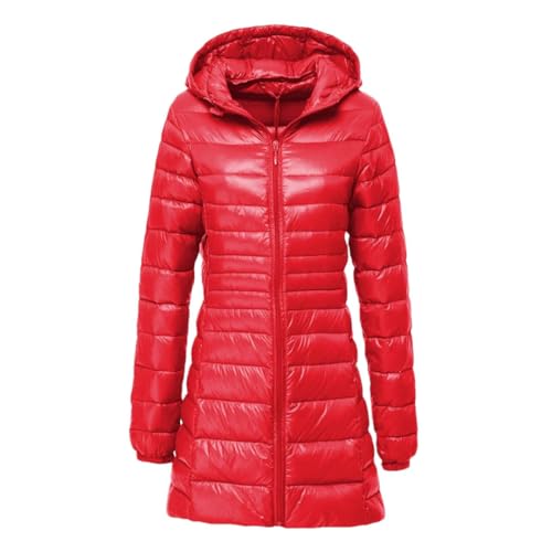 Ornrjfll Daunenjacke Frauen Winter Warme Jacken Damen Lange Leichte Weiße Ente Daunenjacke Mit Kapuze Tragbare Daunenmantel, rot, 46 von Ornrjfll