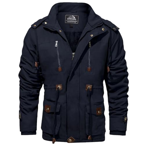 Ornrjfll Dicker Fleece-gefütterter Mäntel für Herren, taktische Kapuzenjacke, Winter, warmer Mantel, Outdoor, Cargo-Outwear, Windbreaker, Parka, navy, S von Ornrjfll