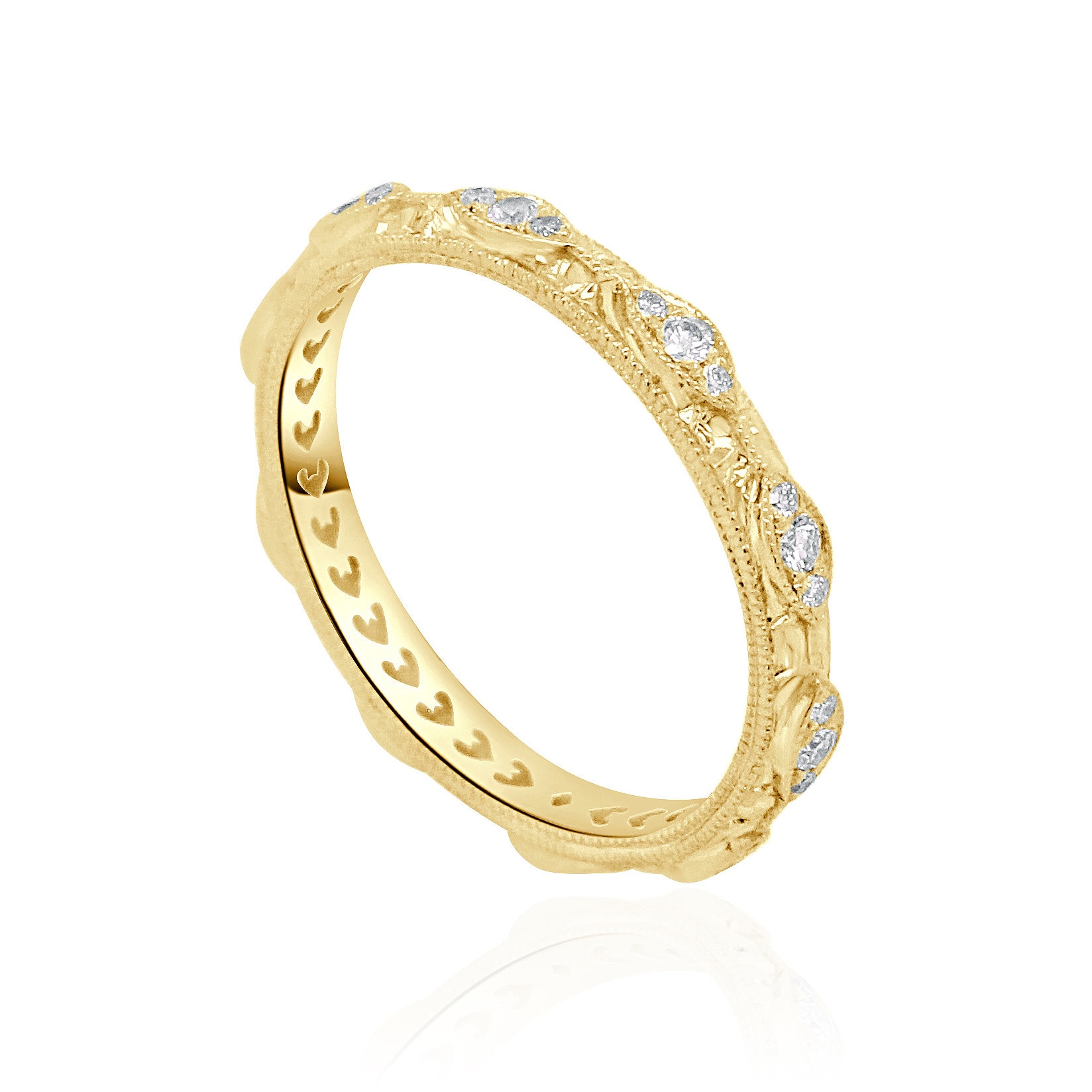 Art Deco Diamanten Ehering 2, 4mm, Schnitt Handgravierter Ring, Handgeschnitztes Geätztes Stapelbares Band 14K Gold von OroSpot