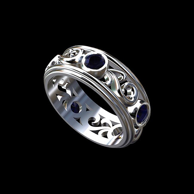 Blumen Ehering, Blauer Saphir Vine Swirl 14K Gold Eternity Ring, Filigraner Edelstein 7 Mm Ehering von OroSpot