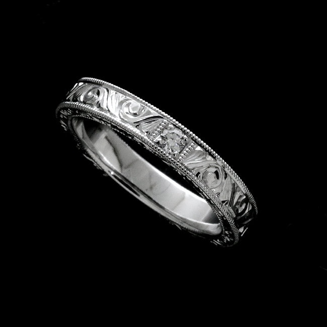 Einzelner Diamant Ehering, Antike Replik Vintage Style Hand Gravierter Ring, Damen Gold Platin Palladium Band von OroSpot