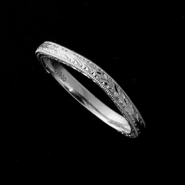 Gravierte Silber Ehering, Kontur Frauen Ehering Geschnitzt Milgrain Band, Vintage Antiken Stil von OroSpot