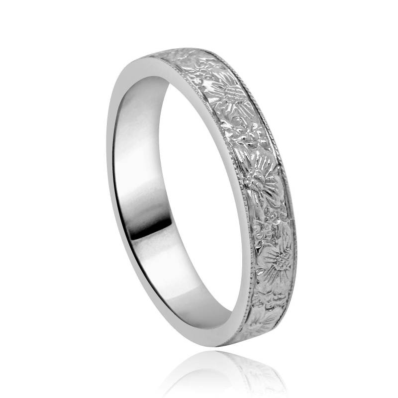 Handgravierter Blumen Ehering Aus 925Er Silber Von Orospot von OroSpot
