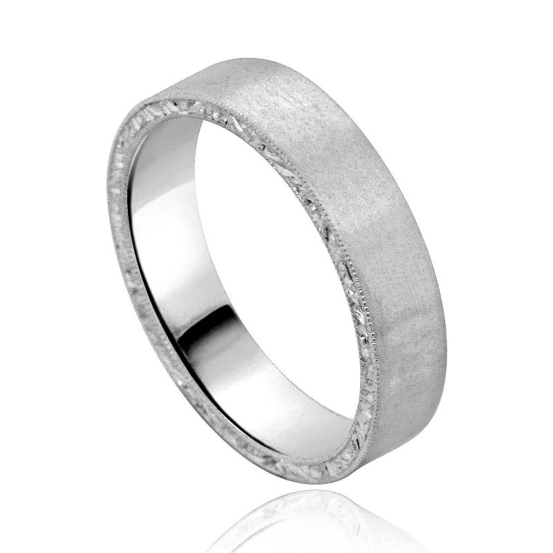 Satin Herrenring - 5 Mm Handgraviertes Sterlingsilber Band Matter Flacher Eternity Ring Milgrain Kanten Made in Nyc von OroSpot