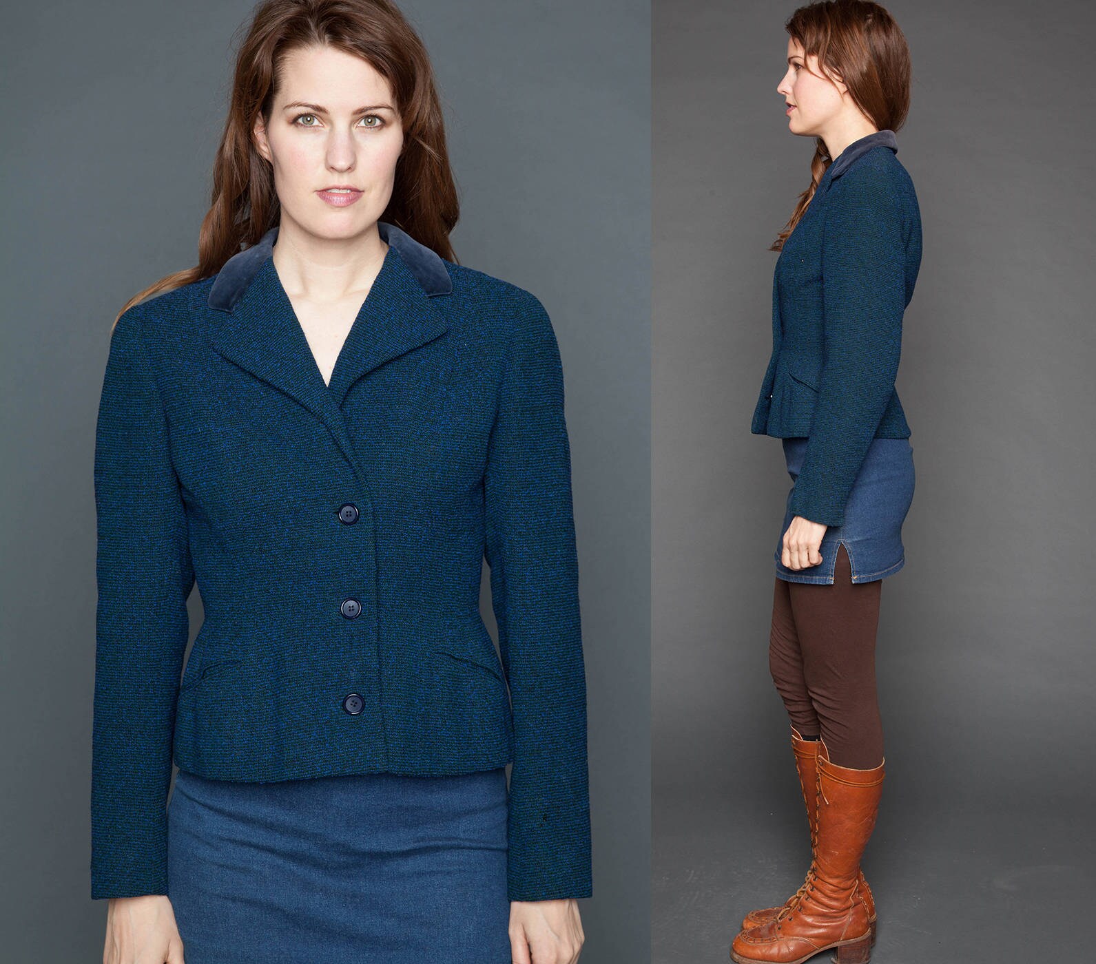 40Er Jahre Couture Blue Tweed Jacke Princess Fit Und Flare Riding Coat Xs Small Fitted Tailored English Velvet Collar 40 Es Suit 40Er Jahre Couture Blue Tweed Jacke Princess Fit Und Flare Riding Coat Xs Small Fitted Tailored English Velvet Collar 40 Es Suit von OrocopiaVintage
