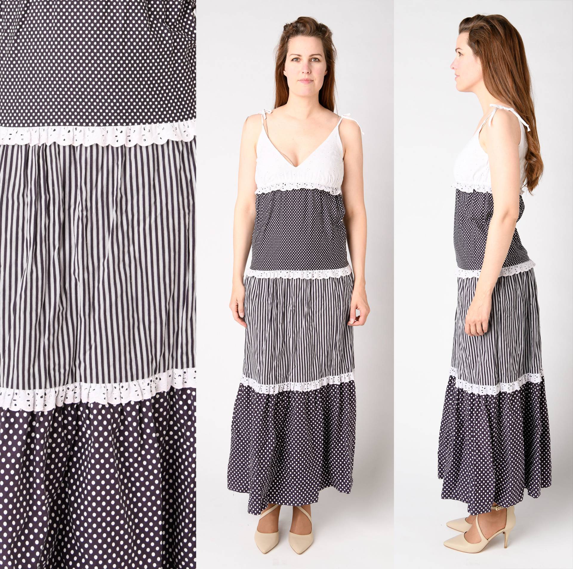Verträumtes 70Er Jahre Polka Dot Gestreiftes Sonnenkleid Spaghetti Träger Spitzen Top Schwarz Weiß Maxi Länge Klein Medium 3 Stufen Rock Verträumtes 70Er Jahre Polka Dot Gestreiftes Sonnenkleid Spaghetti Träger Spitzen Top Schwarz Weiß Maxi Länge Klein Medium 3 Stufen Rock von OrocopiaVintage