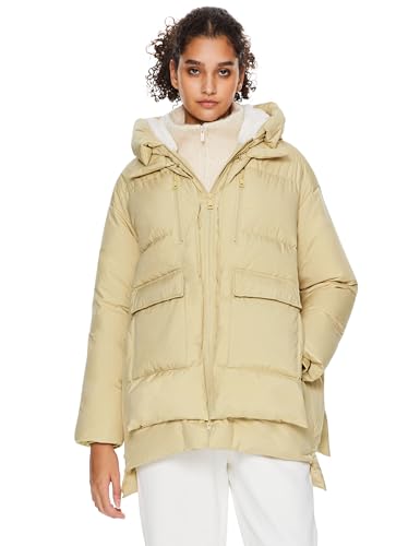 Orolay Damen Daunenjacke mit Kapuze Winter Steppjacke Wasserabweisender Daunenmantel mit Reißverschluss und Saumschlitz Khaki Medium von Orolay