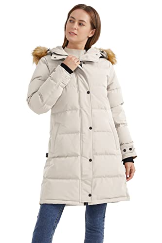 Orolay Damen Lsolierter Daunenmantel Winter Kapuzen-Steppjacke mit Kunstpelz Female Winterjacke Beige L von Orolay