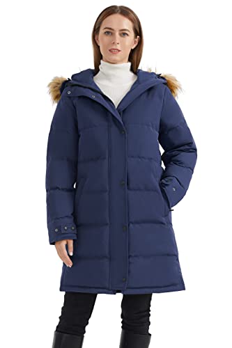 Orolay Damen Lsolierter Daunenmantel Winter Kapuzen-Steppjacke mit Kunstpelz Female Winterjacke Marine L von Orolay