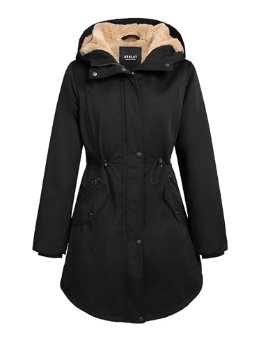 Orolay Damen Kapuzen Fleece Gefüttert Parka-Mantel Mittlere Länge Winter Draussen Gepolstert Jacke Schwarz XS von Orolay